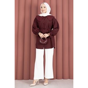 Tunique en popeline bordeaux pour femmes, chic, col brodé à volants et taille à cordon, tailles XS-XL, pour les fêtes - Product Image 3