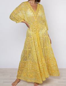 Robe longue jaune à col en V, coupe ample, en mousseline de soie, style bohème, motif géométrique brodé à la main, manches trois quarts bouffantes, décontractée pour l'automne - Product Image 3