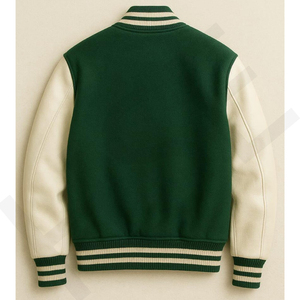 Chaqueta Universitaria Unisex de Lana Verde |   Mangas de Cuero Blanco - Product Image 2