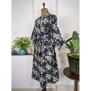 Kimono Boho de Algodón Puro Estampado a Mano, Vestido de Playa de Lujo para Vacaciones de Verano, Color Marfil Blanco con Flores Amarillas, Tela Tejida - Product Image 5