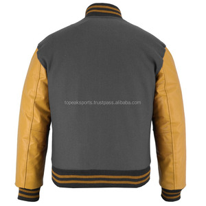 2026 OEM Limited Grey <b>Wool</b> With <b>Yellow</b> Leather Sleeves Varsity Jacket For Men's 100% High Quality Low MOQ Heated Fashion Jackets - Product Image 2