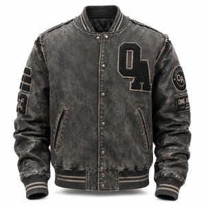 Custom Charcoal Acid Wash Hooded V-neck Distressed Letterman <b>Baseball</b> <b>Jacket</b> Vintage Wool Leather Winter OEM ODM - Product Image 2