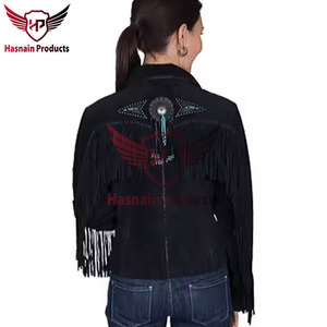 Womens Real Black Suede Leather <b>Jacket</b> <b>Fringe</b> Tassels Concho Beaded Sheepskin Western Cowgirl Native Coat Custom Winter Outer - Product Image 2