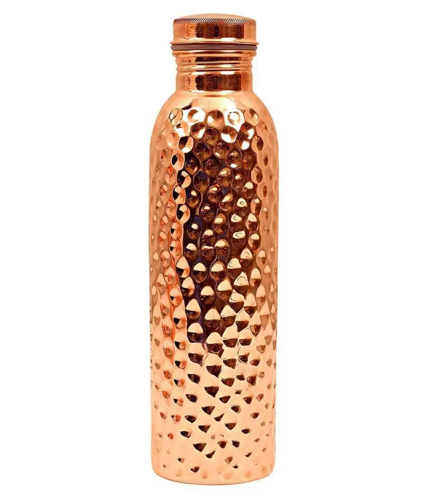 Shiny Polished Pure Copper Water Bottle in Hammer Designs Bottle Customized Drinkware Copper Water Bottle Made In India