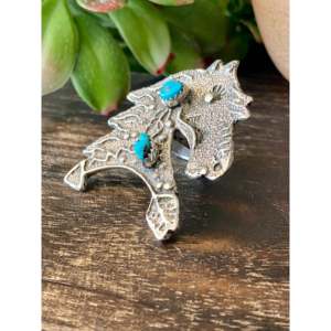 Bague Cheval en Turquoise Kingman et Argent Sterling Delbert Arviso, Sertissage Ajustable en Tufa, Taille 6.5, Cadeau - Product Image 4