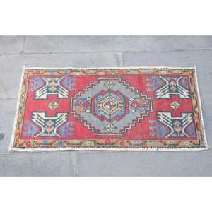 1.6x3.2 ft Vintage Turkish Small <b>Wool</b> Rug Eco-Friendly Patchwork <b>Red</b> Blue Rug with Latex Backing - Product Image 4
