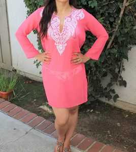 โบฮีเมียนสีชมพูมินิเดรสสำหรับผู้หญิงไซส์พิเศษคอวีปักลายผ้าเมกซิกันเอวธรรมชาติระบายอากาศลายเป็นมิตรต่อสิ่งแวดล้อม - Product Image 6