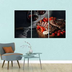 Obra de arte impresa en lienzo: decoración moderna para cocina con motivos de vino y carne, JUEGO DE 3 LIEÑOS - Product Image 1
