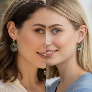 Agate de mousse 37 à 38 MM avec fil d'oreille forme ronde lunette argentée boucle d'oreille plaquée or - Product Image 6