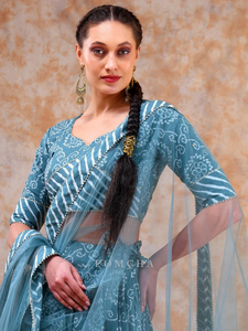 Lehenga Choli Azul Turquesa Estampado con Dupatta de Red, Traje Tradicional Étnico Indio para Bodas y Fiestas, Conjunto de Lehenga - Product Image 4