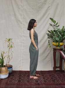 100% lin femmes col haut boutonné combinaison longueur de plancher couleur unie avec poche mignon Style européen modèle ordre requis - Product Image 4