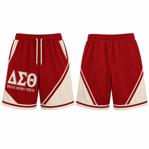 Delta Sigma Theta <b>Red</b> Cotton <b>Shorts</b> With Cream Trim Front Logo Drawstring Waist Casual Style - Product Image 1