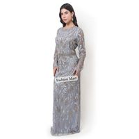 Prêt à Expédier Élégante Robe de Soirée en Argent Perlée à la Main avec Manches Longues Robe Maxi de Soirée de Luxe pour les Femmes