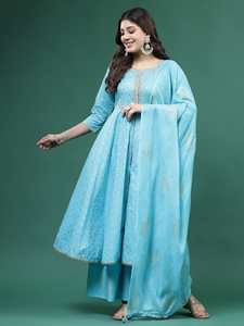 Conjunto de Kurta, Palazzo y Dupatta para Mujer, Color Azul Turquesa, Bordado Floral, Algodón, Corte en A, Lavable a Máquina, Traje de Boda para Ramadán - Product Image 2