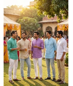 Vêtements pour hommes, prêt-à-porter, kurta court en lin khadi avec motif de boutons en bois, pour toutes les occasions et célébrations, kurta décontracté - Product Image 1