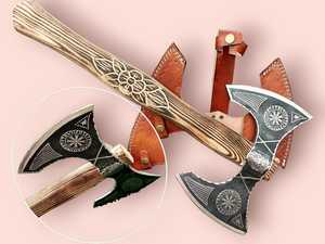 New Hot Selling Custom Handmade Double Headed Vikings <b>Axe</b> High Carbon Steel Forged <b>Axe</b> Double Bit <b>Axe</b> With Leather Sheath OEM - Product Image 2