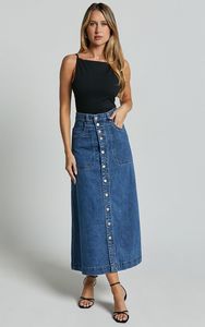 Jupe midi en jean taille haute pour femme, couleur unie, boutonnée sur le devant, fente latérale, silhouette crayon, décontractée, en tissu de coton délavé - Product Image 3