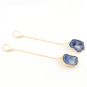 Pendientes colgantes de druzy de geoda azul real natural de moda creativa, cadena de eslabones chapada en oro de 24K, Pendientes colgantes con clip para mujer - Product Image 3