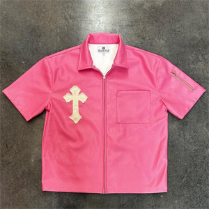 Camiseta OEM con logotipo personalizado para hombre, chaqueta bomber de cuero con cremallera, camiseta de manga corta para hombre con parche bordado, camiseta de cuero PU para hombre - Product Image 3