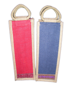 Reusable 2-6 Bottle Jute Fabric Wine Bottle <b>Bag</b> with Handle Geometric Pattern Medium Size ZARI Border-Lowellcraft - Product Image 3