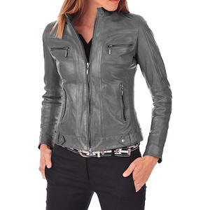 แจ็กเก็ตหนังแกะแท้สำหรับผู้หญิงแจ็คเก็ตหนังสั้นสีดำเข้ารูปสีทึบมีซิป - Product Image 6