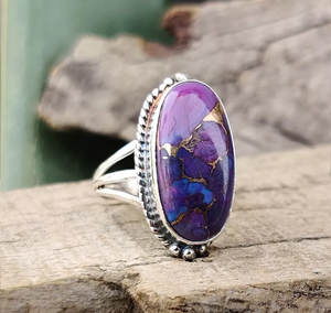 New Handmade Bohemian Style Engagement Jewelry 925 <b>Sterling</b> <b>Silver</b> Bezel <b>Set</b> Unisex <b>Ring</b> Natural Purple Copper Mohave Turquoise - Product Image 2