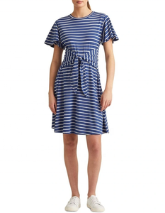 Vestido de Verano de Algodón Azul, Estilo Casual, con Rayas, Manga Corta, Largo a Media Pantorrilla, con Lazo Delantero, Talla Grande, Corte en A - Product Image 1