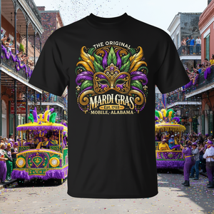 T-shirt originale Mobile Alabama Mardi Gras con design promozionale della maschera di Mardi Gras - Product Image 3