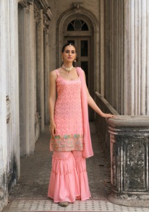 Traje Sharara DE TRABAJO bordado de Georgette de imitación pesado de último diseñador por Fab Zone - Product Image 5