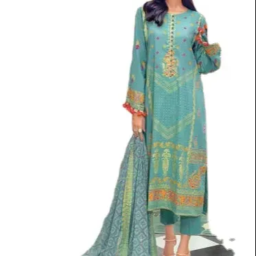 Penjualan Terbaik Desain rumput oleh QJ impex India Pakistan salwar kameez suit dengan leher bordir kemeja lengan penuh