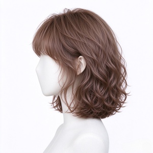 Milk Tea Brown <b>Short</b> Wavy Bob <b>Human</b> <b>Hair</b> <b>Wig</b> With Thin Air Bangs - Product Image 6
