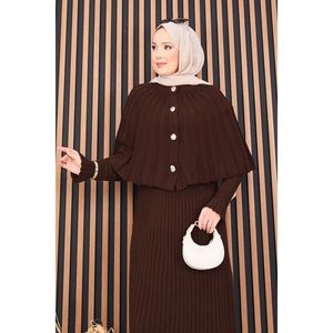 Ensemble décontracté deux pièces automne : Cape boutonnée et robe en maille imprimée avec hijab couleur café – Respirant et confortable - Product Image 2
