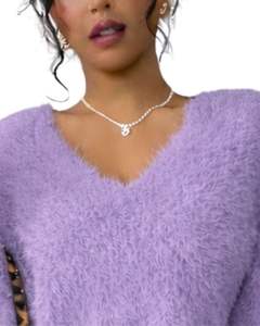 Customized Lavender <b>Purple</b> Fuzzy Knit Sweater <b>Dress</b> <b>Women</b> V Neck Long Sleeve Soft Plush Winter Warm Fashion OEM Custom Wholesale - Product Image 5