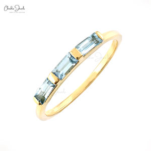Anillo de piedras preciosas Aguamarina de corte Baguette de 0,24 quilates de alta calidad, de 14K amarillo oro sólido, compromiso, tres piedras, fiesta de boda bonita - Product Image 1