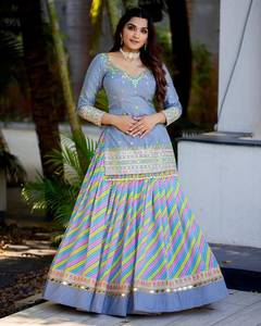 สีฟ้า Georgette Lehenga Choli เย็บปักถักร้อยลําดับงานสําหรับสตรี,แฟนซี Lehenga Choli งานแต่งงานอินเดีย Lehenga Choli - Product Image 3