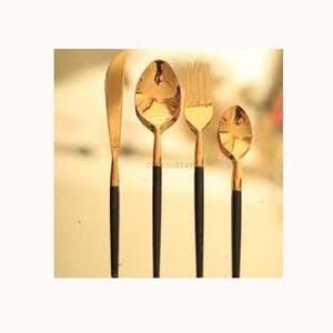 Or brillant en acier inoxydable poli miroir avec poignée ronde longue forme noire ensemble de couverts ensembles de couverts - Product Image 1