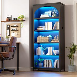 Libreria in Legno Illuminata con Arco Superiore, Scaffale Espositivo Aperto, Organizzatore per Casa, Ufficio e Negozio, Alta Libreria Nera - Product Image 2