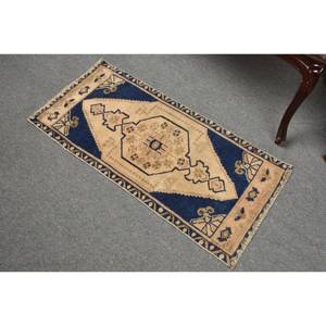 Alfombra de lana turca Vintage de 1,5x3,1 pies, azul y Beige, hecha a mano, área grande, rectángulo, patrón de retazos abstracto para decoración de habitación de pasillo - Product Image 4