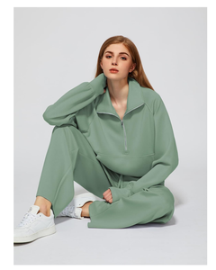 Ensemble 2 pièces avec épaules tombantes Pantalon de jogging Sweat-shirt avec pantalon de survêtement Sweat-shirt à capuche vierge Oversize Half Zip Sweatshirt Wide Leg Pant Set - Product Image 1