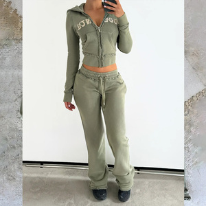 Chándal lavado con ácido y cremallera recortada personalizada, ropa de mujer, parche bordado, Sudadera con capucha y pantalones de chándal, conjunto de chándal desgastado - Product Image 3