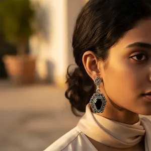 925 Silver Stud <b>Earrings</b> with Black Onyx <b>Marcasite</b> Trendy Design for Wedding Engagement or Anniversary Gift for Women - Product Image 3