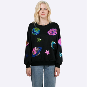 Suéteres personalizados de otoño para mujer, y manga larga con cuello redondo Sudadera negra, Jersey bordado con lentejuelas, venta al por mayor - Product Image 1