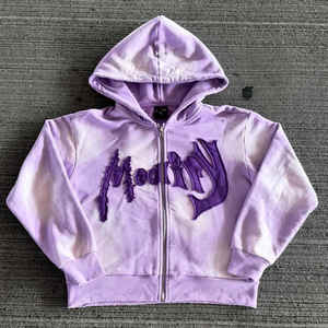 Streetwear sweat à capuche zippé délavé à l'acide sweat-shirt à capuche décoloré patchs de broderie en détresse Vintage sweats à capuche courts - Product Image 2