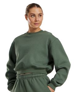 Sudadera con capucha de gimnasio para mujer con logotipo personalizado OEM, sudadera recortada de salvia con cuello redondo, hombros caídos, puños acanalados, dobladillo, patrón sólido en la parte delantera - Product Image 1