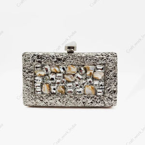 Handcrafted <b>Silver</b> Metal <b>Clutch</b> with Crushed Texture Frame and Crystal Shell Inlay Luxury Statement Evening Party <b>clutch</b> handbag - Product Image 1