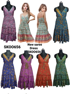 Nouveau sari en soie, robe indienne bohème, robe longue traditionnelle, mini robe à imprimé floral, dentelle, col en V, broderie, multicolore, vêtement d'été pour femmes - Product Image 2