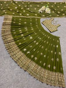 Último Diseño de Lehenga Choli de Georgette con Bordado y Lentejuelas en Color Mehndi de Fab Zone, Ropa India y Pakistaní - Product Image 3