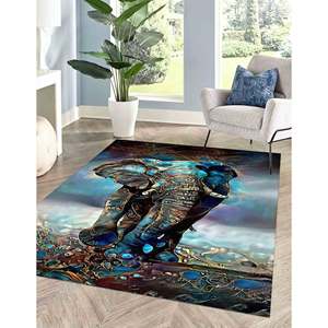 Tapis imprimé aux tons bleus - Motif d'éléphant abstrait pour la décoration de la maison et du bureau, tapis en velours - Product Image 1