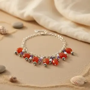 Collier en pierres précieuses argentées avec cristal de cornaline orange et améthyste - Product Image 1