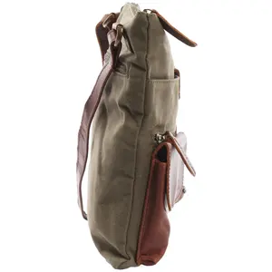 Khaki green canvas <b>cross</b> <b>body</b> <b>bag</b> with waxy brown <b>leather</b> multi pocket adjustable shoulder strap - Product Image 2